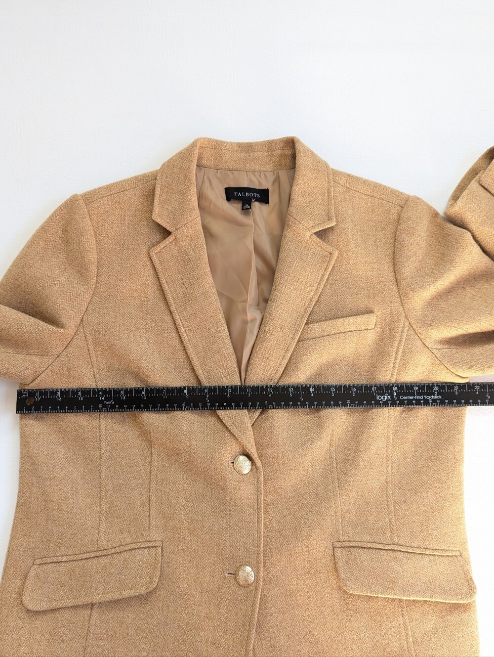 Talbots Classic Shetland Blazer Wool Blend Herringbone Size 16 Camel Tweed - Picture 8 of 15
